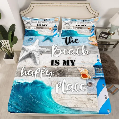 Miniatura 20 de Erosebridal Juego de sábanas bajeras de pulpo oceánico, tamaño individual, juego de ropa de cama temática de playa costera, decoración náutica