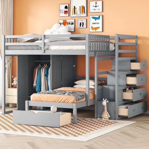 Miniatura 10 de RUNNA Litera matrimonial sobre individual con escritorio, cajones y escaleras, litera de madera maciza para niños, niñas, adolescentes y adultos