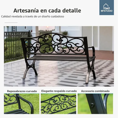 Miniatura 5 de MFSTUDIO Banco de jardín al aire libre de 50 pulgadas, banco de hierro fundido con marco de metal con respaldo de patrón floral, patas de arco