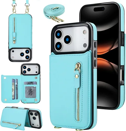 Miniatura 53 de Funda cruzada para teléfono iPhone 13 Pro Max de cuero con tarjetero, funda protectora extraíble, correa de cuero ajustable con botón, compatible