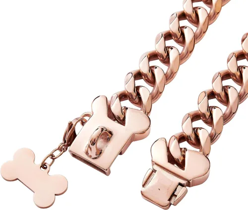 Miniatura 3 de Collar de perro resistente de acero inoxidable con eslabones cubanos de oro rosa para perros pequeños, medianos y grandes, collar de lujo para perro