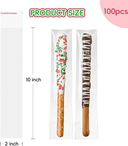 Miniatura 2 de 100 bolsas de celofán transparentes autoadhesivas, de 2 x 10 pulgadas, bolsas de barra de pretzel para panadería, galletas, dulces, pretzel, regalo