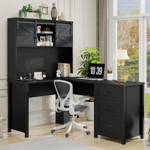 Miniatura 14 de Vabches Escritorio rústico en forma de L de 68 pulgadas de alto con gabinete, mesa de oficina con 3 cajones y puertas correderas, escritorio