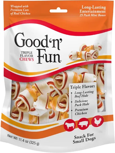 Good'N'Fun - Mini masticables de cuero crudo de triple sabor, 25 unidades