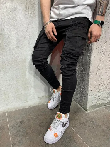 Miniatura 3 de LONGBIDA - Jeans para hombre, de tiro ajustado, con roto y desgastados
