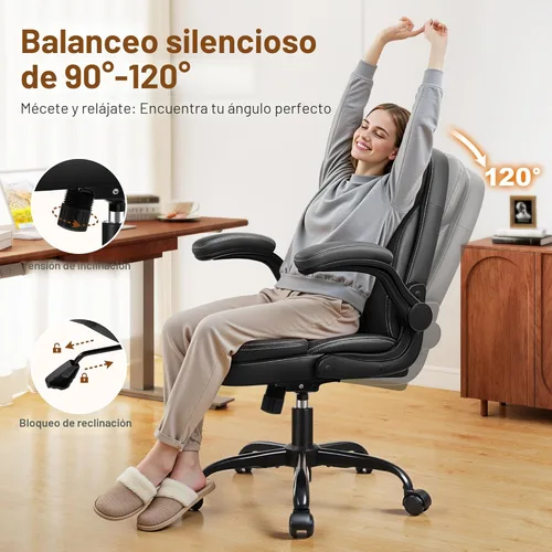 Miniatura 7 de Silla de oficina de cuero, sillas de escritorio de computadora de poliuretano mejoradas con cojín de asiento de doble capa y reposaespaldas, Negro