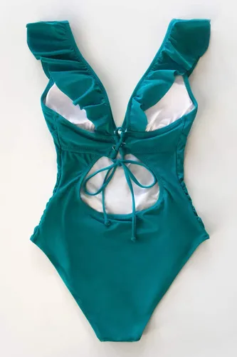 Miniatura 5 de CUPSHE Traje de baño de una pieza con volantes y cuello en V para mujer, con cordón