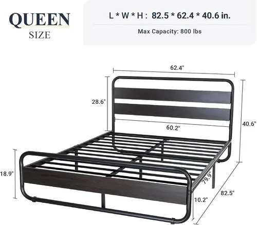 Miniatura 2 de Allewie Base de cama de metal tamaño Queen con cabecero y estribo curvados de madera de hierro, cama de plataforma con almacenamiento debajo