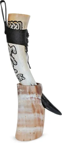 Miniatura 8 de Norse Tradesman Cuerno vikingo de cuerno de buey genuino de 12 pulgadas con exquisito lobo grabado a mano y nudo celta, funda de cinturón de cuero