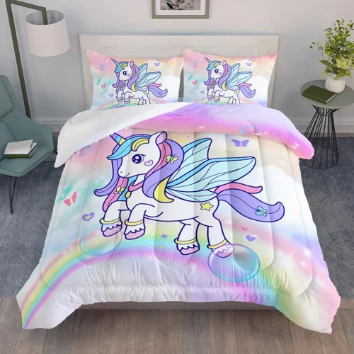 Miniatura 3 de Juego de edredón de unicornio para niñas, juego de ropa de cama de mariposa, juego de edredón de arco iris, tamaño individual con 1 edredón y 2