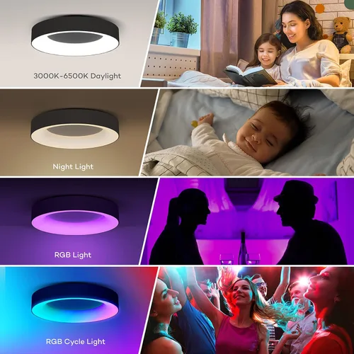 Miniatura 3 de Annaror Lámpara de Techo LED RGB de Montaje al Ras con Control Remoto, Luminaria de Techo Negra de 11 Pulgadas 24W, Color de Luz Cambiable