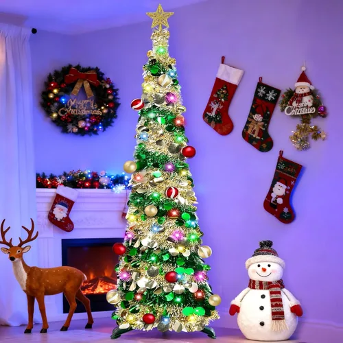 Miniatura 6 de [Temporizador y 8 modos] Árbol de Navidad delgado iluminado de 6 pies, feliz año nuevo 2025 con 100 luces cambiantes blancas cálidas y multicolor