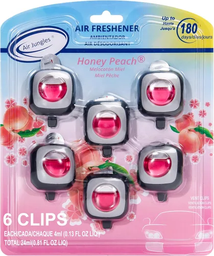 Air Jungles Ambientador de coche con aroma a melocotón miel, 6 clips de ventilación, 0.16 onzas líquidas cada uno, ambientador de larga duración,