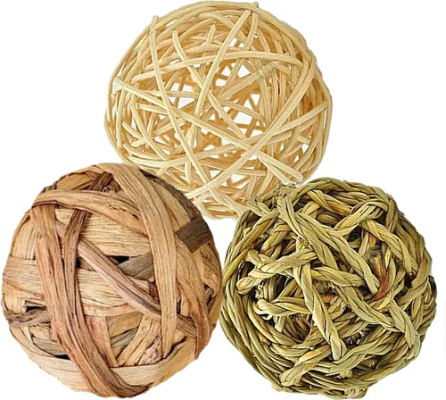 SunGrow Paquete de 3 bolas masticables de conejo, juguete de dentición de hierba surtida para mascotas de bolsillo pequeñas, soporte de desgaste