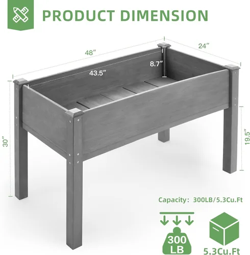 Miniatura 3 de Cama de jardín elevada de 48 x 24 x 30 pulgadas con patas, maceta de madera elevada para plantas al aire libre Gris