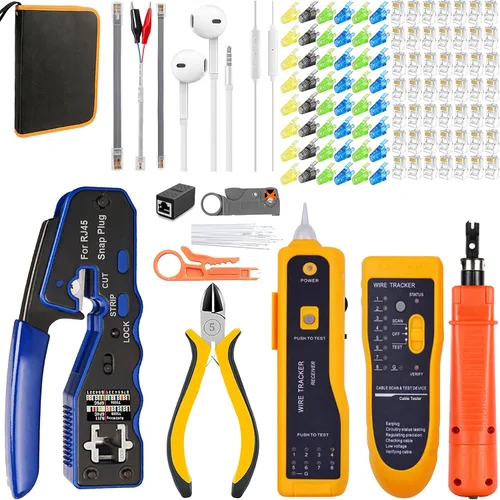 Miniatura 9 de LEATBUY Juego de crimpadoras CAT5 CAT6 RJ45, herramienta de crimpado Cat5e, 50 conectores, 50 cubiertas, probador de cables LAN de red, pelacables