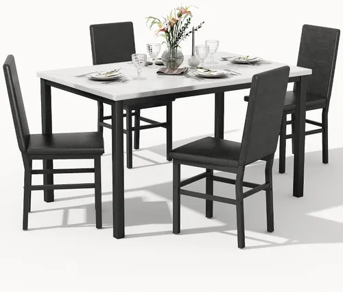 Miniatura 9 de Juego de mesa de comedor para 4, juego de comedor de mármol sintético de 5 piezas, 4 sillas tapizadas de poliuretano, muebles de mesa de cocina