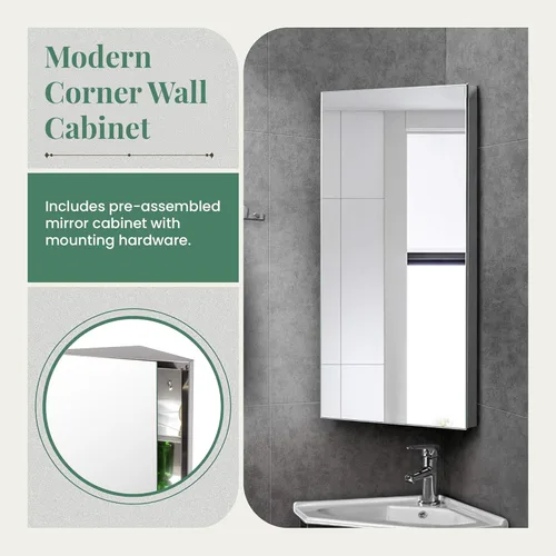 Miniatura 2 de Renovators Supply Infinity - Armario para medicina de esquina con espejo de acero inoxidable pulido, almacenamiento de baño de 23.6 x 11.8 pulgadas