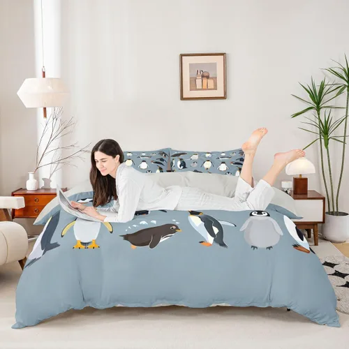 Miniatura 4 de Erosebridal Juego de ropa de cama de pingüinos, funda de edredón de animales antárticos para niños y niñas, funda de edredón estilo caricatura