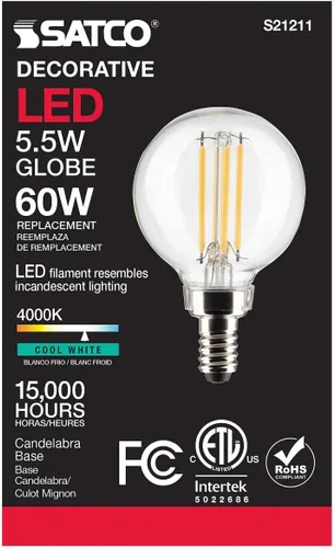Miniatura 5 de Satco Bombilla LED E12 de 5.5 W, 4000 K, clasificación de 15000 horas, regulable
