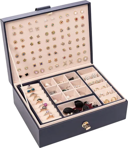 Zumier Joyero organizador para mujer, soporte organizador de aretes con piel sintética para regalos de Navidad y Año Nuevo, color azul marino