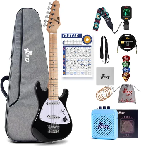Miniatura 12 de WINZZ - Guitarra eléctrica para niños de 30 pulgadas, kit para principiantes, tamaño 1/4 mini, juego completo de iniciación con amplificador