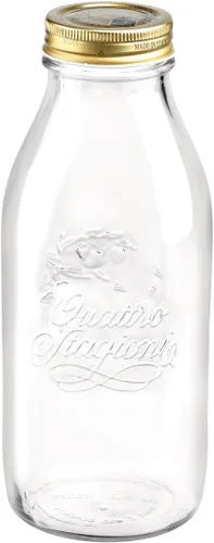 Miniatura 11 de Bormioli Rocco Quattro Stagioni, frasco de cristal para enlatado y botella de bebida, 13.5 Oz. con tapa hermética de metal dorado, hecho en Italia.