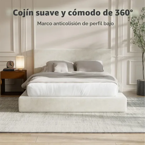 Miniatura 4 de RECCI Cloud - Base de cama Queen tapizada con cabecero, plataforma acolchada de espuma de 5 pulgadas, sin somier, fácil montaje (crema)