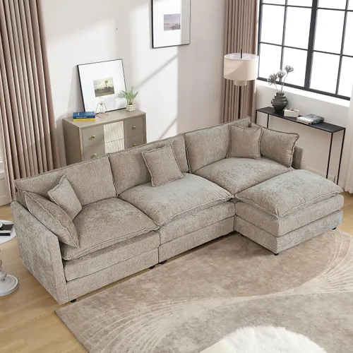 Setawix Sofá Profundo de 3 Plazas con Otomana, Sofás de Nube en Forma de L de 112.2" para Sala de Estar, Sofá de Nube de Chenilla con Asiento Café