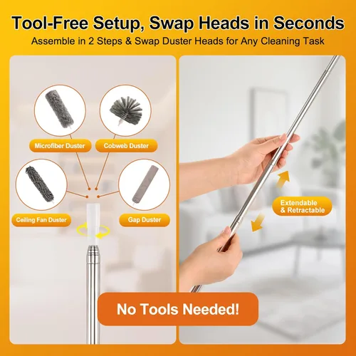 Miniatura 7 de Tiumso Kit de plumero de microfibra 5 en 1, plumeros para limpieza, plumero con poste de extensión de 100 pulgadas, plumero de telaraña, plumeros
