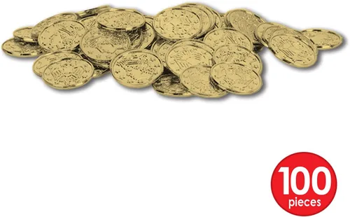 Miniatura 3 de Beistle 100 monedas de plástico dorado pirata en relieve, suministros temáticos occidentales, recuerdos de fiesta de casino, 1.5 pulgadas Embossed