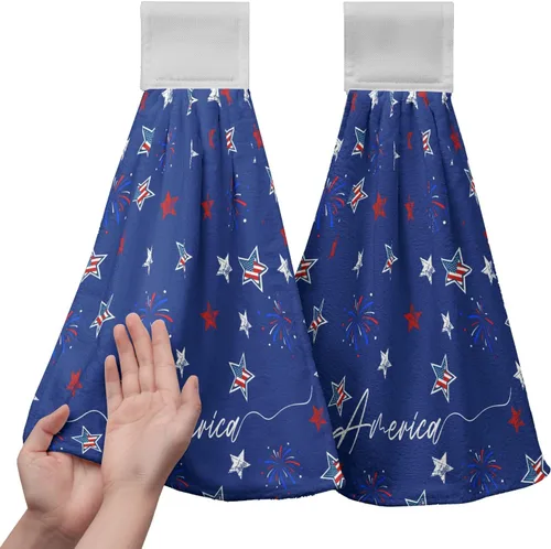 America Stars - Juego de 2 toallas de cocina azules con lazo para colgar, patrióticas para colgar el 4 de julio, juego de 2 toallas de mano para el