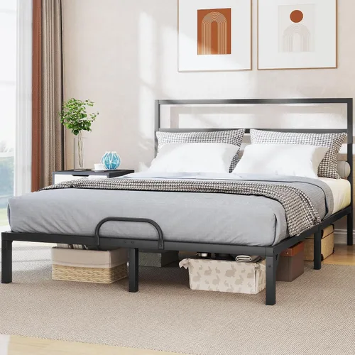 YITAHOME Base de cama tamaño Queen con cabecero, plataforma resistente con listones de metal fuertes, no necesita somier, fácil montaje, mate y negro