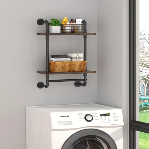 Miniatura 4 de Helsin Estantes de Baño Flotantes de Tubería Industrial Montados en la Pared con Barra de Toallas, Estante de Pared de Madera Rústica de 2 Niveles