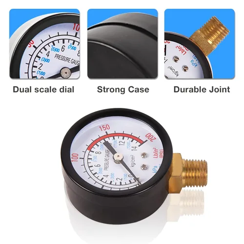 Miniatura 2 de Medidor de prueba de presión de agua de 2 pulgadas, medidor de presión de 0-200 PSI, rosca NPT de 1/4 pulgadas, montaje inferior, para compresor
