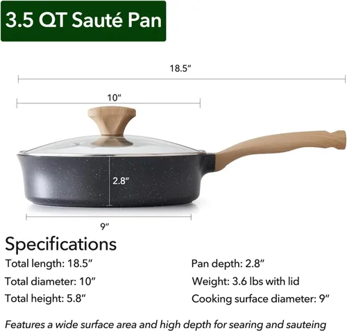 Miniatura 5 de Sartén antiadherente profunda con tapa, sartén con revestimiento de granito suizo de 3.5 cuartos de galón, sartén antiadherente saludable de 10