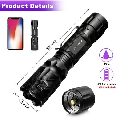 Miniatura 2 de Linterna de luz negra UV - Luz negra de 365 nm y 395 nm para curado con pegamento UV, detección de manchas de orina, antifalsificación y más