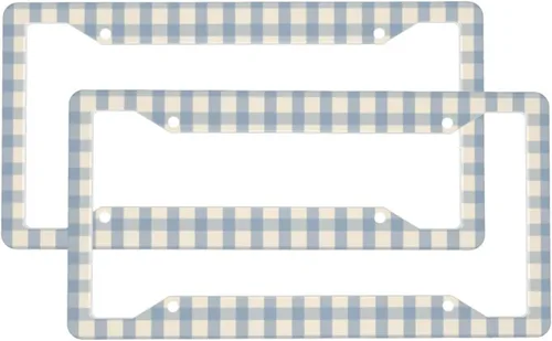 2 Pcs Car License Plate Frames for Women Men - Vintage Blue Gingham Print Solid Aluminum License Plate Cover for Car Accessories for Women Men with