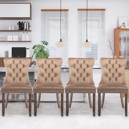 Miniatura 9 de Juego de 4 sillas de comedor de terciopelo, sillas de comedor tapizadas acolchadas con ribete de tachuelas y patas de madera maciza para cocina