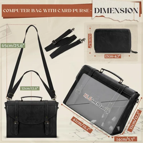 Miniatura 6 de RAINSMORE Bolso bandolera con solapa para hombre, de piel sintética vintage, estilo retro, de 15.6 pulgadas, con cartera, para laptop
