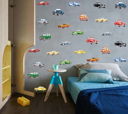 Miniatura 6 de Pegatinas de Pared de Coche Clásico de Acuarela, Calcomanías de Pared de Vinilo de Coche de Carreras Retro Vehículo Todoterreno, Arte de Pared