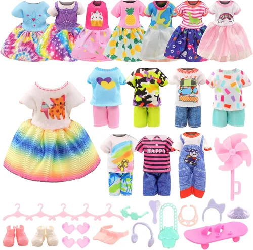 Miniatura 2 de 26 piezas para ropa y accesorios de muñeca pequeña de 6 pulgadas, incluyen 4 camisetas, 4 pantalones, 4 vestidos, 2 zapatos, lentes de sol rosas, 1