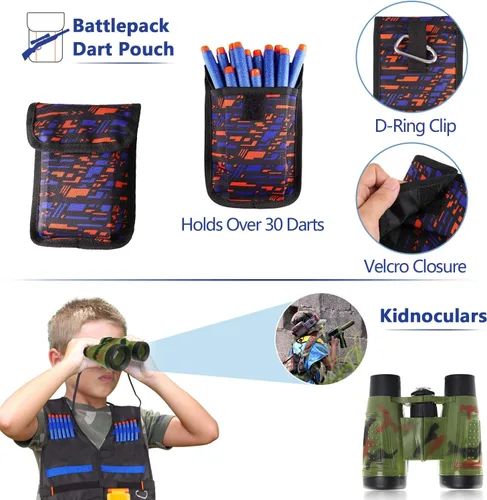 Miniatura 4 de Paquete de 2 chalecos tácticos para niños, juego de pistolas Nerf N-Strike Elite Series Wars con dardos de repuesto, clips de recarga, bolsa