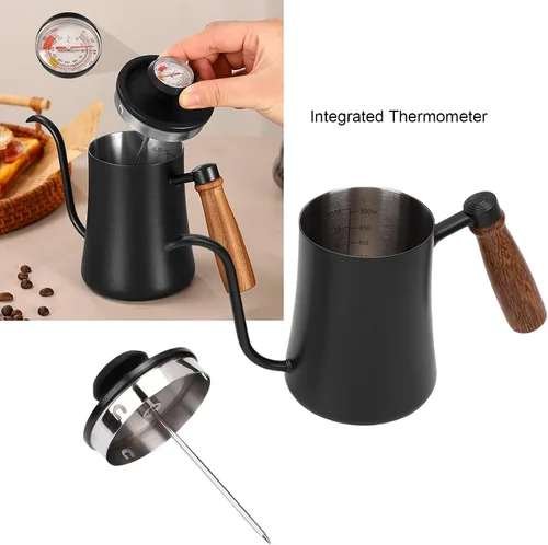Miniatura 4 de LICAEVEY Hervidor de cuello de cisne, hervidor de café con termómetro integrado y mango de madera, estufa de acero inoxidable 304 para verter