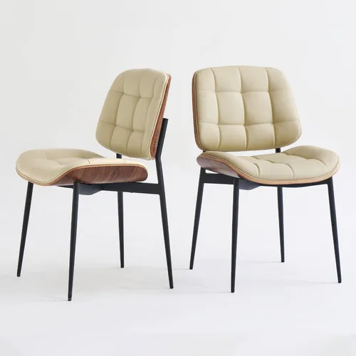 Miniatura 3 de GrandNoor Sillas de Comedor Modernas de Mediados de Siglo con Respaldo de Veta de Nogal, Sillas de Comedor de Cuero Sintético Beige Juego de 2