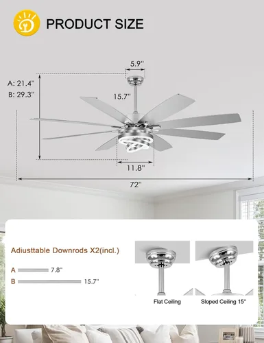 Miniatura 9 de Ventiladores de techo grandes modernos de 72 pulgadas con luces y control remoto, motor CC silencioso reversible de 6 velocidades, ventiladores