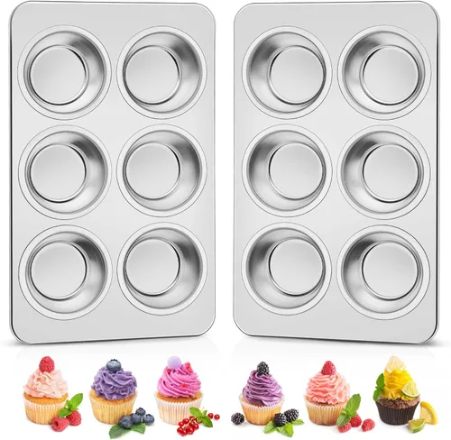 Homikit Paquete de 2 Moldes para Muffins, Molde de Acero Inoxidable para Hornear Cupcakes con 6 Cavidades de Tamaño Regular, Bandeja de Metal para