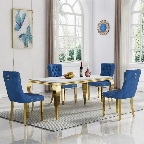 Miniatura 20 de Moderno juego de mesa de comedor de mármol sintético de 68.11 pulgadas para 6, mesa de comedor de mármol blanco y plateado con 6 sillas de Blanco