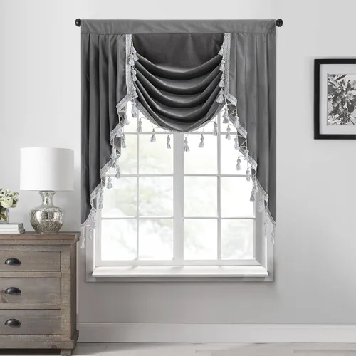 Miniatura 23 de StangH Cortinas decorativas de lujo, cenefa azul con bloqueo de luz, cenefa festoneada para ventana pequeña con bolsillo sólido para barra, cortina