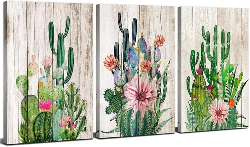 Arte sobre lienzo de cactus, decoración bohemia para la pared del baño, temática sureste mexicano, cuadros con plantas verdes para la sala de estar,